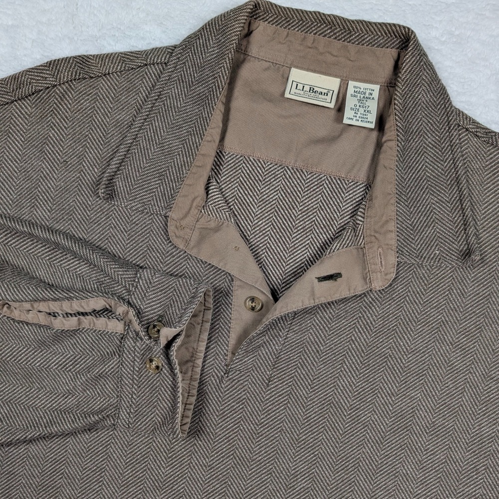 Vintage LL Bean Shirt Mens 2XLT Brown Herringbone Long Sleeve Rugby Academia Y2K